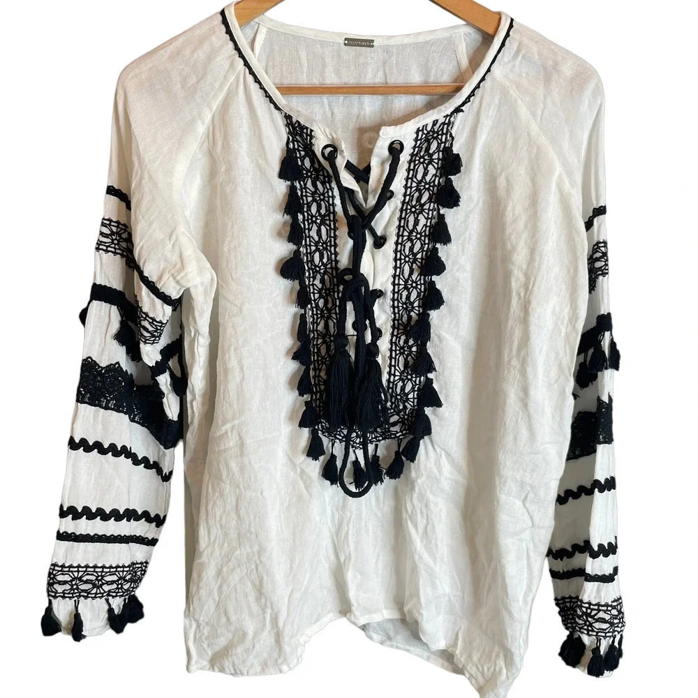 Dodo Bar Or Malka Tassel Top White Black - Picture 2 of 5